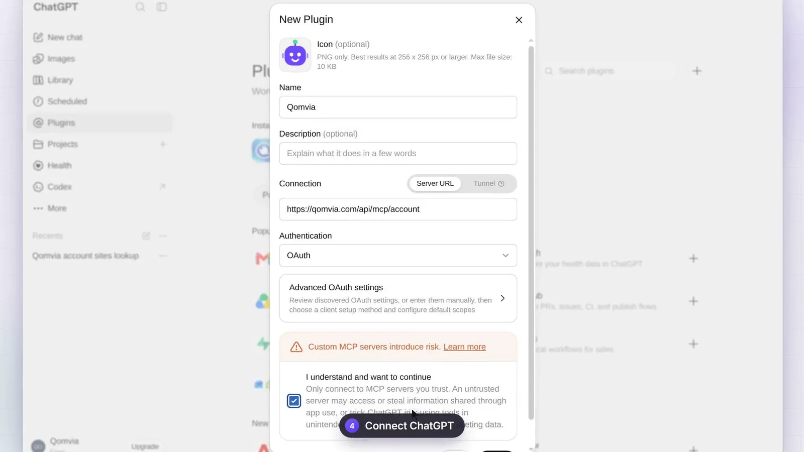 ChatGPT's new app dialog with Qomvia's account MCP server URL and OAuth selected