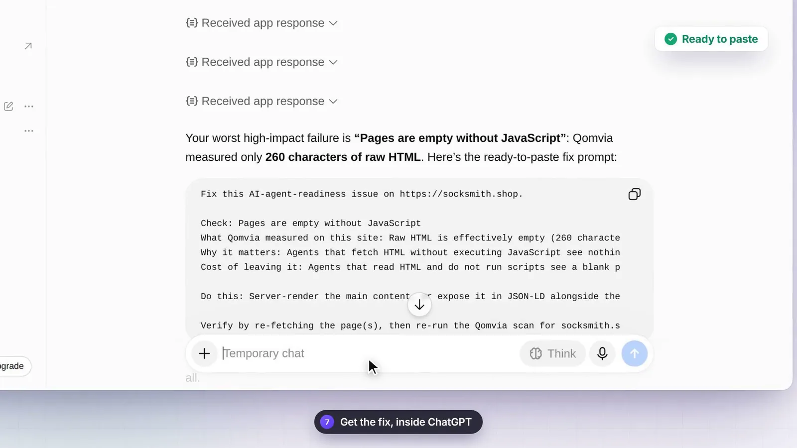 ChatGPT reply with Qomvia's ready-to-paste fix prompt for the failing check pages are empty without JavaScript