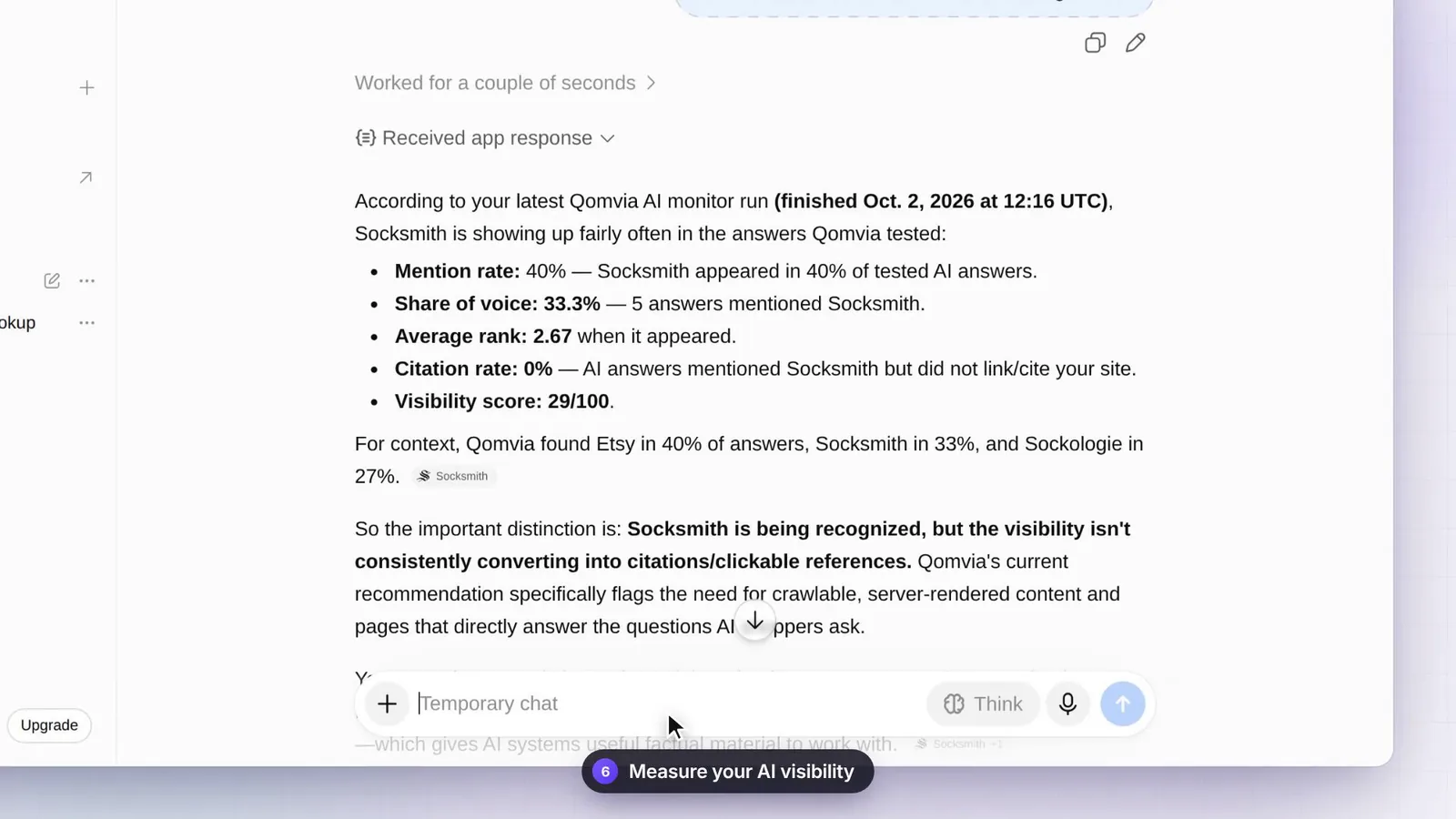ChatGPT reply with Socksmith's mention rate, share of voice, average rank, citation rate and visibility score from Qomvia